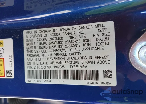 2023 Honda Cr-V Hybrid Sport из США, поврежденный, VIN 2HKRS5H50PH702086